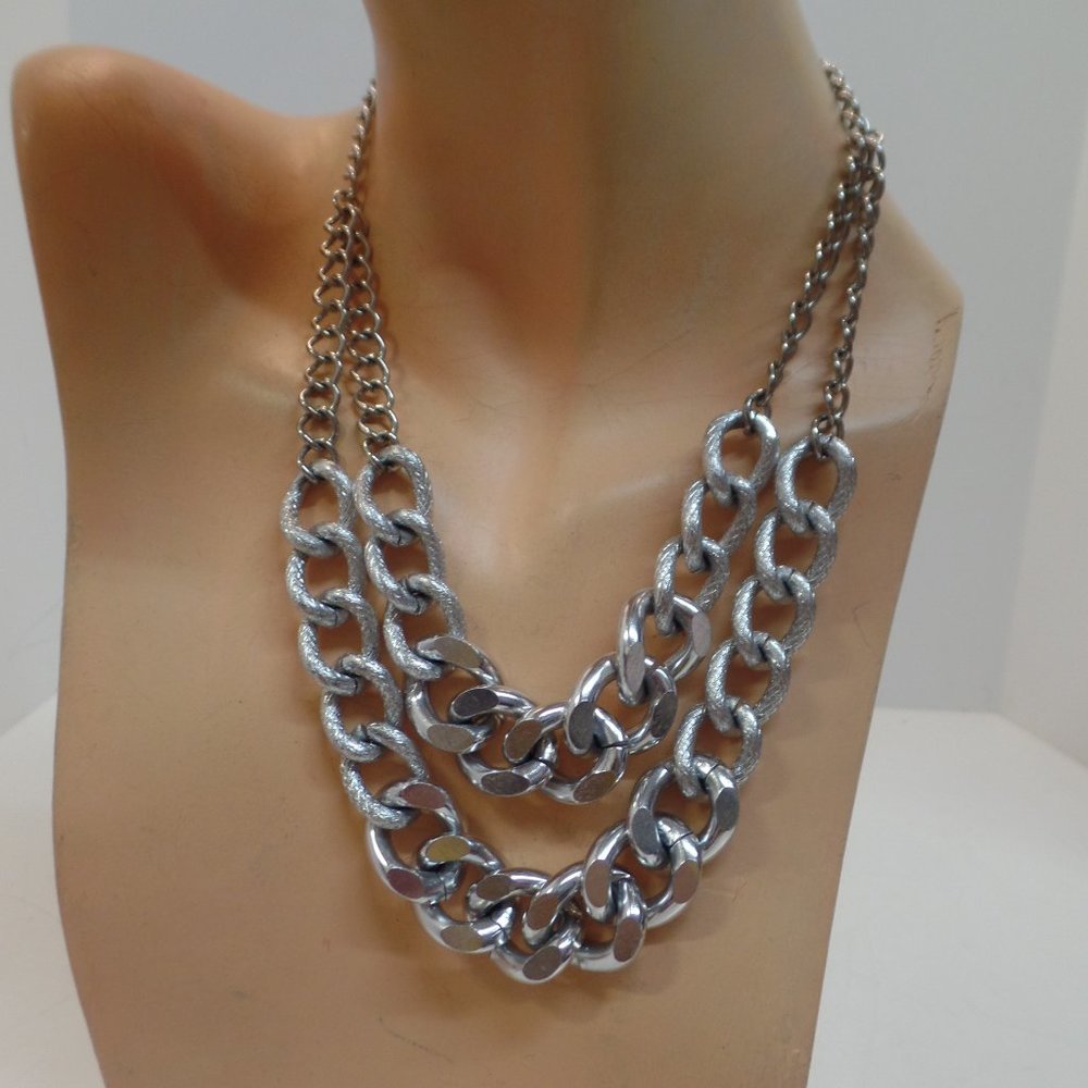 Big Bold Chunky Brushed Silvertone Multistrand Necklace Adj to 20"